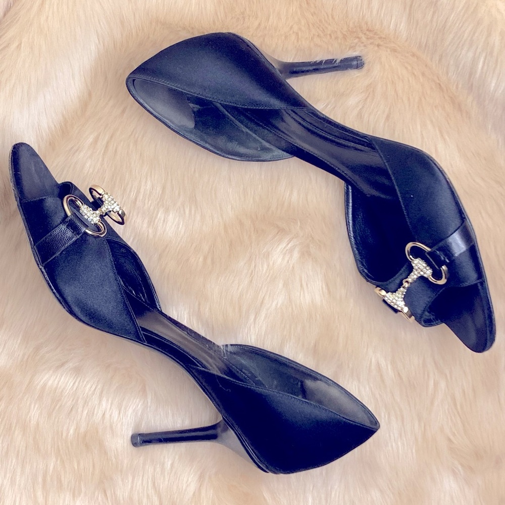 Gucci Peep Toe Black Satin Pumps Rhinestone Horsebit Heels Sandal Size 10
